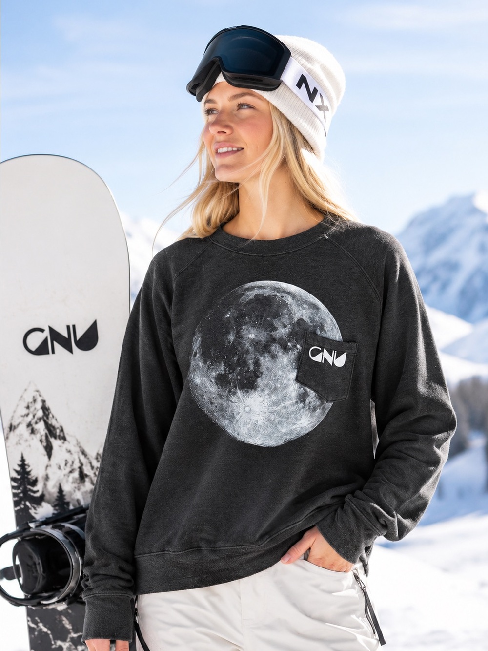 GNU Moon Graphic Snowboard Crewneck Sweatshirt Charcoal Gray Size Medium - Picture 2 of 12